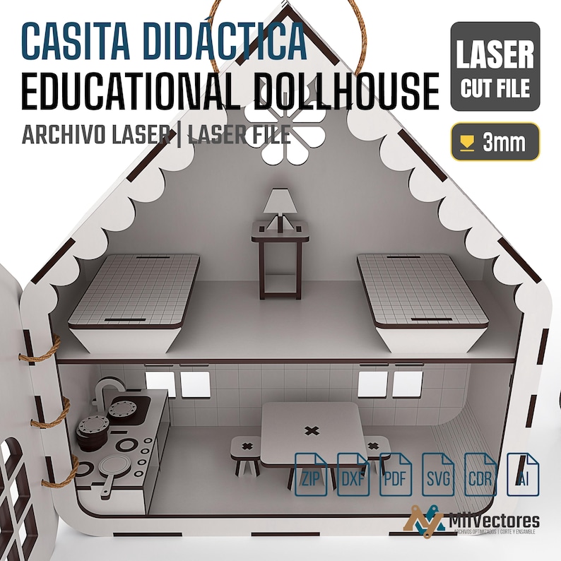 Pu&ograve; includere: Un file di taglio laser per casa delle bambole in legno a due piani con finitura bianca e marrone scuro. L'interno presenta una cucina con fornelli e tavolo al piano terra, e due letti e un tavolino al piano superiore. Testo: CASITA DIDACTICA EDUCATIONAL DOLLHOUSE LASER CUT FILE e 3mm.