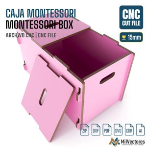 May include: A pink wooden Montessori box with a removable lid, featuring cut-out handles on the sides. The box is designed for 15mm material thickness. Text on the image includes CAJA MONTESSORI MONTESSORI BOX, ARCHIVO CNC, CNC FILE, and CNC CUT FILE.