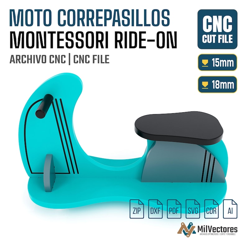 K&ouml;nnte beinhalten: Ein t&uuml;rkisfarbenes und schwarzes Holz-Rutschfahrzeug im Roller-Design. Das Bild enth&auml;lt den Text: MOTO CORREPASILLOS MONTESSORI RIDE-ON, CNC CUT FILE, 15mm, 18mm sowie Dateiformate ZIP, DXF, PDF, SVG, CDR, AI. Das Spielzeug hat einen schwarzen Sitz.