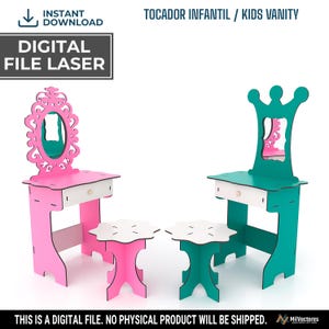 May include: Two kids' vanity sets with matching stools, one in pink and one in teal. Each vanity features a white drawer, a mirror frame, and a flat-pack design. Text includes "INSTANT DOWNLOAD", "DIGITAL FILE LASER", and "TOCADOR INFANTIL / KIDS VANITY".