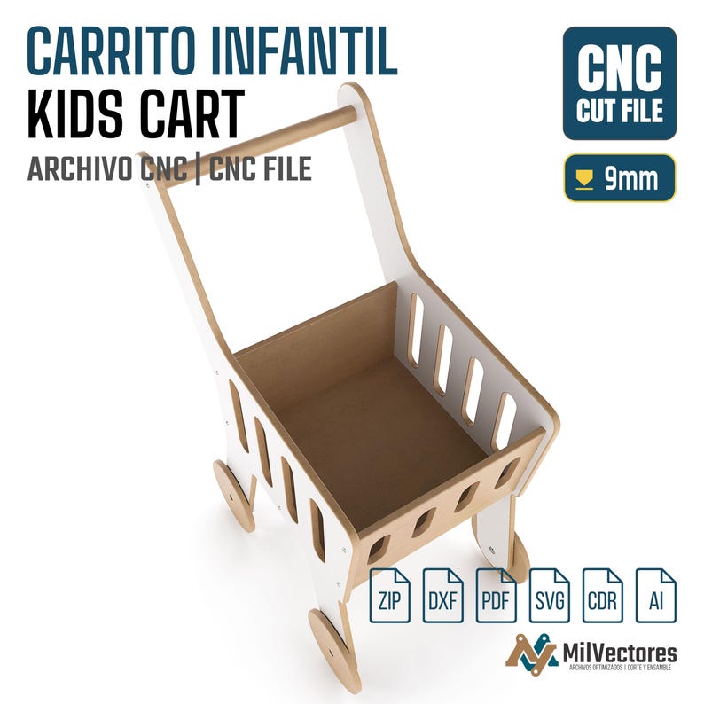 Op de afbeelding: Een digitaal ontwerp voor een houten kinderwagen, met witte en naturel houten panelen met verticale uitsparingen. De afbeelding bevat de tekst: CARRITO INFANTIL KIDS CART, CNC CUT FILE, 9mm, en bestandsformaat iconen voor ZIP, DXF, PDF, SVG, CDR en AI.