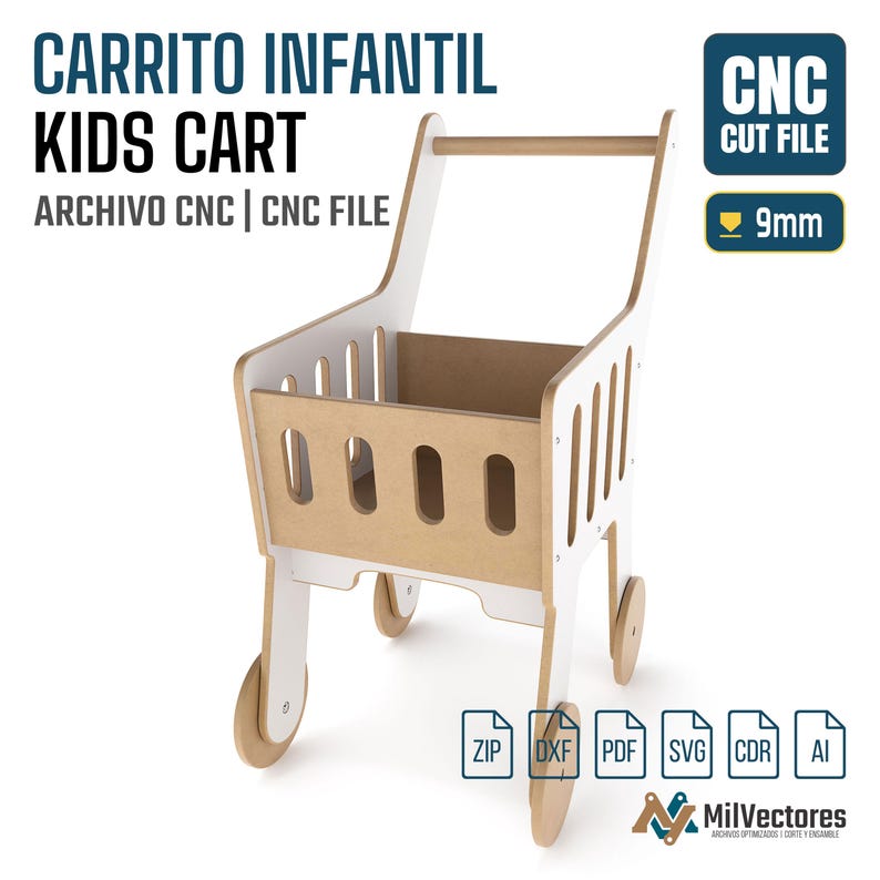 Op de afbeelding: Een houten kinderwagen met een witte en natuurlijke houten afwerking, voorzien van een mand met verticale uitsparingen en vier wielen. De afbeelding bevat de tekst CARRITO INFANTIL KIDS CART, CNC CUT FILE, 9mm en diverse bestandsformaat iconen.