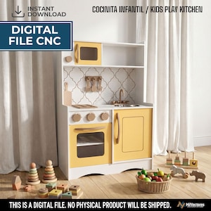 Puede incluir: Un archivo digital para una cocinita de juguete de madera blanca y amarilla con microondas, horno, estufa, fregadero y grifo. El salpicadero tiene un patrón de cuatrifolio blanco y gris. El texto dice: INSTANT DOWNLOAD, DIGITAL FILE CNC, COCINITA INFANTIL / KIDS PLAY KITCHEN, THIS IS A DIGITAL FILE. NO PHYSICAL PRODUCT WILL BE SHIPPED.