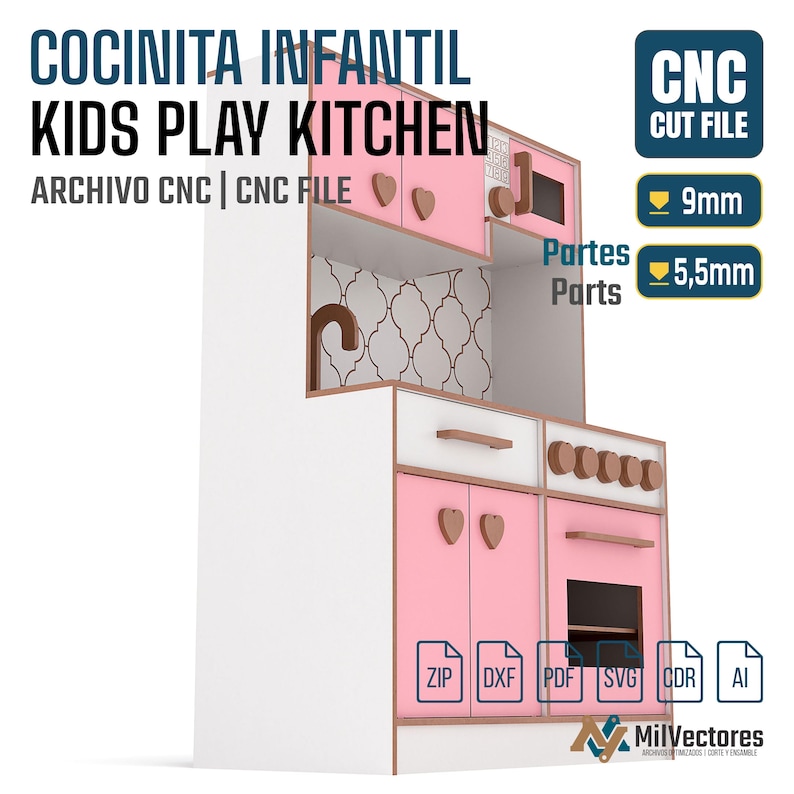 May include: A digital design for a kids play kitchen featuring pink and white panels, heart-shaped knobs, and a tiled backsplash. The image includes text labels for CNC cut files, 9mm and 5.5mm material thickness, and file formats ZIP, DXF, PDF, SVG, CDR, AI.