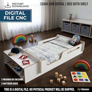 May include: A white wooden bed frame with an integrated storage shelf at the foot, featuring side rails and a low-profile design. The bed is dressed with a gray patterned quilt and includes text overlays indicating it is a digital file for CNC.
