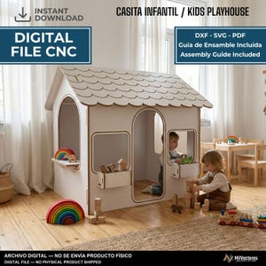 May include: A white wooden kids playhouse with a scalloped roof, arched doorways, and window boxes. The digital file includes DXF, SVG, and PDF formats with an assembly guide. Text on the image reads: CASITA INFANTIL / KIDS PLAYHOUSE, DIGITAL FILE CNC.