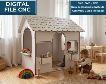 Può includere: Una casetta da gioco per bambini in legno bianco con tetto smerlato, porte ad arco e fioriere. Il file digitale include i formati DXF, SVG e PDF con una guida all'assemblaggio. Testo sull'immagine: CASITA INFANTIL / KIDS PLAYHOUSE, DIGITAL FILE CNC.