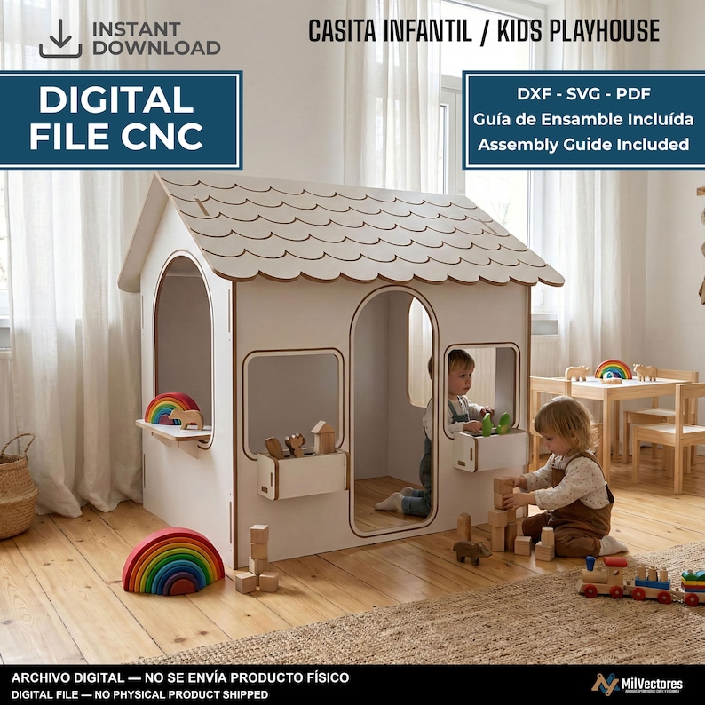 May include: A white wooden kids playhouse with a scalloped roof, arched doorways, and window boxes. The digital file includes DXF, SVG, and PDF formats with an assembly guide. Text on the image reads: CASITA INFANTIL / KIDS PLAYHOUSE, DIGITAL FILE CNC.