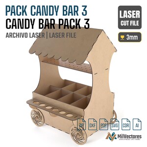 May include: A laser cut file for a wooden candy bar stand featuring a scalloped roof, a six-compartment base, and a front shelf with circular cutouts. The design includes text labels PACK CANDY BAR 3, LASER CUT FILE, and 3mm, with file format icons.