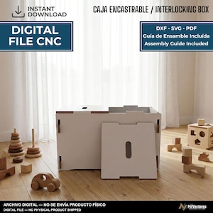 May include: A digital file for a CNC interlocking box, including DXF, SVG, and PDF formats with an assembly guide. The image displays a light-colored, flat-pack wooden box design with a separate panel and a cutout handle, alongside wooden toys.