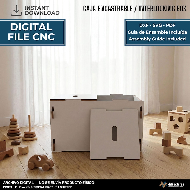 May include: A digital file for a CNC interlocking box, including DXF, SVG, and PDF formats with an assembly guide. The image displays a light-colored, flat-pack wooden box design with a separate panel and a cutout handle, alongside wooden toys.
