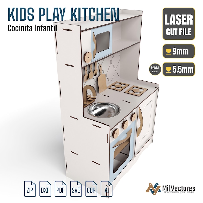 May include: A white kids play kitchen laser cut file with a microwave, sink, stove, and utensils. The design includes text reading KIDS PLAY KITCHEN, Cocinita Infantil, LASER CUT FILE, 9mm, and 5.5mm. File formats include ZIP, DXF, PDF, SVG, CDR, and AI.