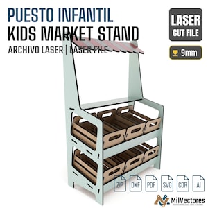 Puede incluir: Un puesto de mercado para niños cortado con láser, con un marco verde claro y cajas de madera. El puesto tiene un toldo a rayas e incluye el texto "PUESTO INFANTIL KIDS MARKET STAND" y "LASER CUT FILE". Diseñado para material de 9 mm.