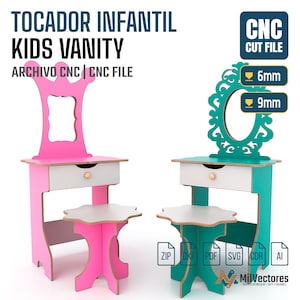 May include: A digital CNC cut file for a kids vanity set including a table with a drawer and a stool. The design features a pink vanity with a crown-shaped mirror frame and a teal vanity with an ornate oval mirror frame. Text includes CNC CUT FILE, 6mm, 9mm, ZIP, DXF, PDF, SVG, CDR, AI.