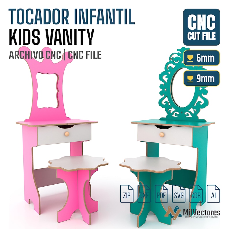 May include: A digital CNC cut file for a kids vanity set including a table with a drawer and a stool. The design features a pink vanity with a crown-shaped mirror frame and a teal vanity with an ornate oval mirror frame. Text includes CNC CUT FILE, 6mm, 9mm, ZIP, DXF, PDF, SVG, CDR, AI.
