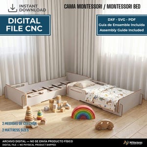 K&ouml;nnte beinhalten: Eine digitale Datei f&uuml;r einen Montessori-Bettrahmen mit CNC-gefr&auml;sten Paneelen. Das Bild zeigt zwei helle Holz-Bettrahmen, einer davon mit Matratze und Bettw&auml;sche, sowie Holzspielzeug wie einen Regenbogen-Stapelturm und Baukl&ouml;tze.