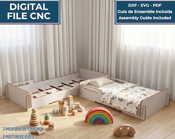 Letto Montessori, file CNC, progetti digitali PDF, fresatrice CNC, giochi per bambini, progetti per lettino in legno per bambini piccoli