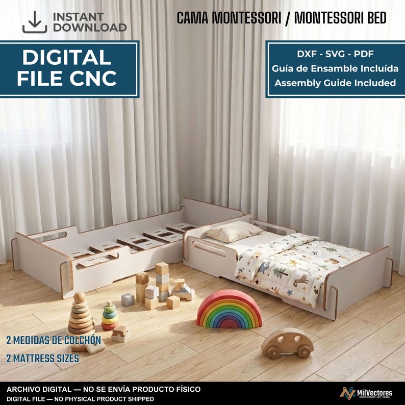 K&ouml;nnte beinhalten: Eine digitale Datei f&uuml;r einen Montessori-Bettrahmen mit CNC-gefr&auml;sten Paneelen. Das Bild zeigt zwei helle Holz-Bettrahmen, einer davon mit Matratze und Bettw&auml;sche, sowie Holzspielzeug wie einen Regenbogen-Stapelturm und Baukl&ouml;tze.