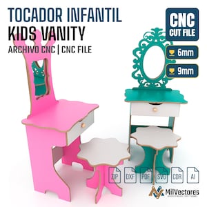 May include: A digital design for a kids vanity featuring a pink unit and a teal unit, each with a matching stool, a drawer, and an oval mirror frame. The text reads TOCADOR INFANTIL KIDS VANITY, CNC CUT FILE, 6mm, 9mm, ZIP, DXF, PDF, SVG, CDR, AI.