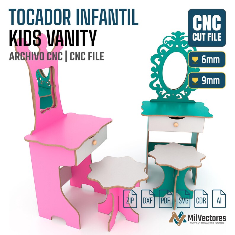 May include: A digital design for a kids vanity featuring a pink unit and a teal unit, each with a matching stool, a drawer, and an oval mirror frame. The text reads TOCADOR INFANTIL KIDS VANITY, CNC CUT FILE, 6mm, 9mm, ZIP, DXF, PDF, SVG, CDR, AI.