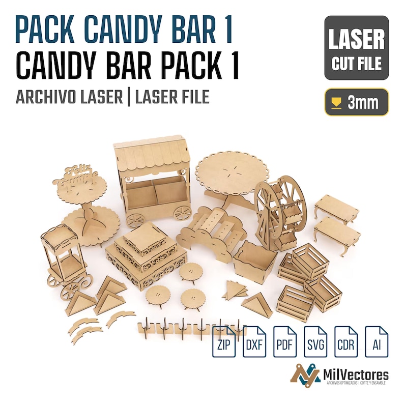 May include: A collection of laser-cut wooden pieces for a candy bar display, including a cart, ferris wheel, tiered stands, tables, and crates. The text reads PACK CANDY BAR 1, LASER CUT FILE, and 3mm. Includes ZIP, DXF, PDF, SVG, CDR, and AI file formats.