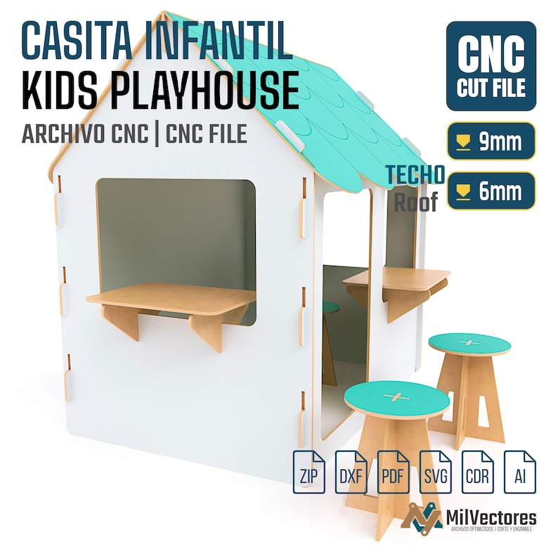 Pu&ograve; includere: Un file di taglio CNC per una casetta gioco per bambini bianca e verde acqua con tetto a capanna, due banconi attaccati e due sgabelli abbinati. Include etichette per spessori di 9mm e 6mm e icone per i formati ZIP, DXF, PDF, SVG, CDR e AI.