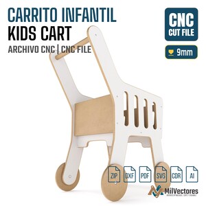 Op de afbeelding: Een digitaal CNC-snijbestand voor een kinderwagen, met witte zijpanelen en wielen en een handvat in natuurlijke houtkleur. Het ontwerp bevat de tekst CARRITO INFANTIL KIDS CART, CNC CUT FILE, 9mm en iconen voor ZIP, DXF, PDF, SVG, CDR en AI.