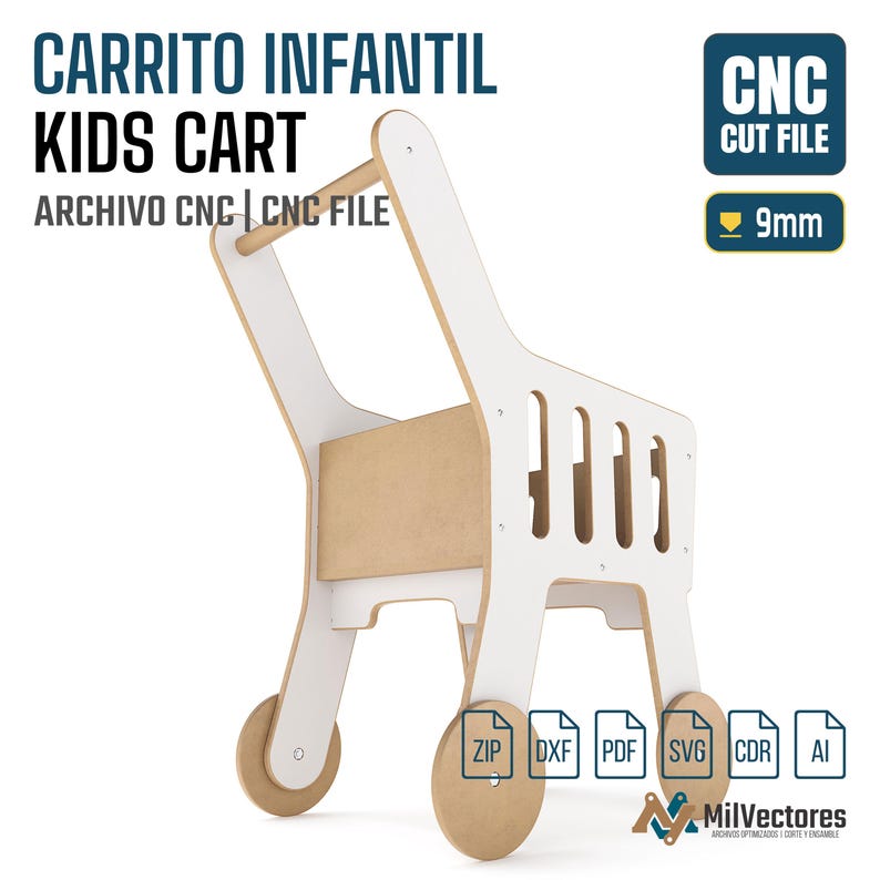Op de afbeelding: Een digitaal CNC-snijbestand voor een kinderwagen, met witte zijpanelen en wielen en een handvat in natuurlijke houtkleur. Het ontwerp bevat de tekst CARRITO INFANTIL KIDS CART, CNC CUT FILE, 9mm en iconen voor ZIP, DXF, PDF, SVG, CDR en AI.