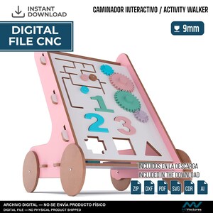 May include: A digital CNC file for an interactive activity walker featuring a pink frame, white activity board, colorful gears, numbers 1, 2, and 3, and geometric shape cutouts. The design includes a 9mm material thickness specification.