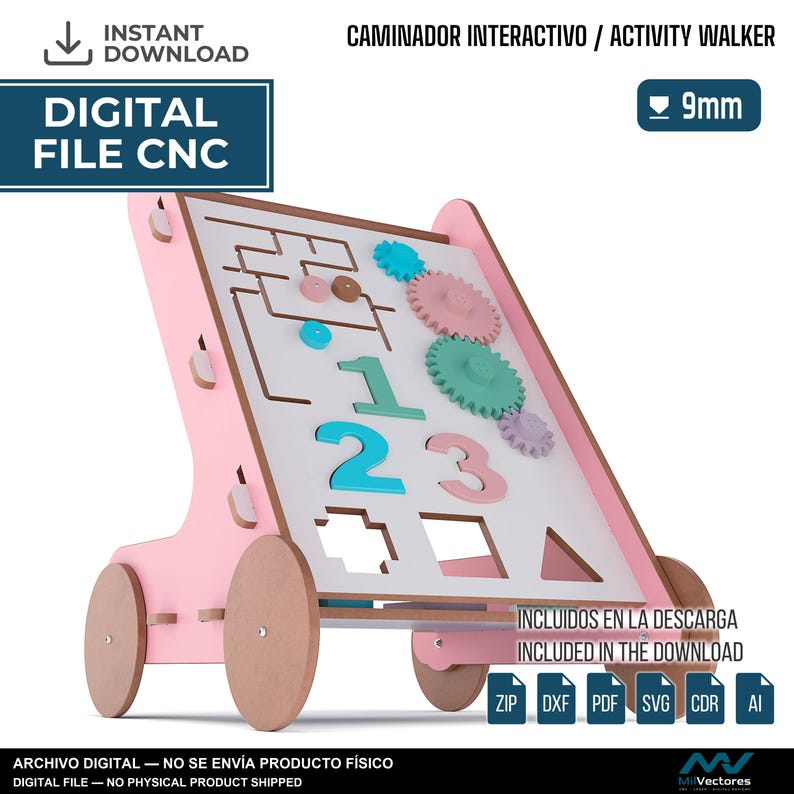 May include: A digital CNC file for an interactive activity walker featuring a pink frame, white activity board, colorful gears, numbers 1, 2, and 3, and geometric shape cutouts. The design includes a 9mm material thickness specification.