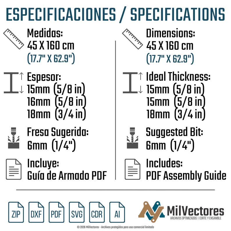 May include: A white graphic with black text detailing dimensions of 17.7" x 62.9", ideal thickness of 5/8" and 3/4", and a suggested bit size of 1/4". Includes a PDF assembly guide. The graphic also shows file type icons.