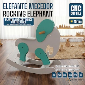 Puede incluir: Un juguete de elefante balancín de madera en blanco y turquesa, con un asa de madera. El texto "ROCKING ELEPHANT" y "CNC CUT FILE" son visibles. El diseño es para un archivo de corte de 15 mm.