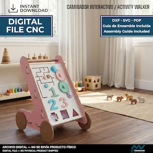 Puede incluir: Un andador de actividades de madera rosa y blanco con un laberinto, engranajes giratorios, los números uno, dos y tres, y varias formas geométricas. El archivo digital incluye formatos DXF, SVG y PDF con una guía de ensamblaje.