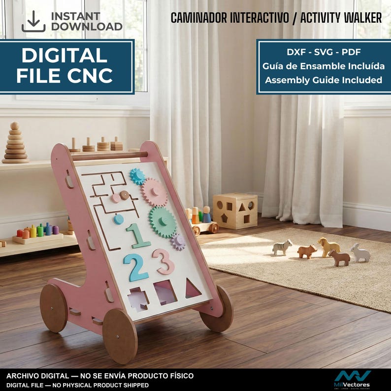 May include: A pink and white wooden activity walker featuring a maze, rotating gears, numbers one, two, and three, and various geometric shapes. The digital file includes DXF, SVG, and PDF formats with an assembly guide for this interactive toy.