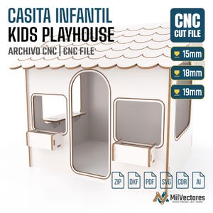 May include: A white wooden kids playhouse CNC cut file with a scalloped roof, an arched doorway, two windows with attached flower boxes, and text labels indicating 15mm, 18mm, and 19mm material thickness options along with file formats ZIP, DXF, PDF, SVG, CDR, and AI.