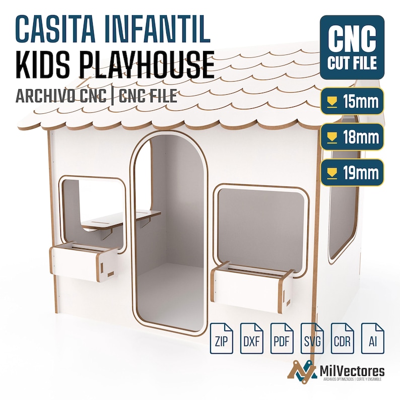 May include: A white wooden kids playhouse CNC cut file with a scalloped roof, an arched doorway, two windows with attached flower boxes, and text labels indicating 15mm, 18mm, and 19mm material thickness options along with file formats ZIP, DXF, PDF, SVG, CDR, and AI.