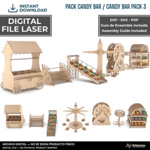 Puede incluir: Un conjunto de archivos digitales para corte láser con expositores de madera para dulces, incluyendo un carrito, estantes, un tobogán, un carrusel, una noria y un soporte redondo. Texto: PACK CANDY BAR, DIGITAL FILE LASER, ASSEMBLY GUIDE.