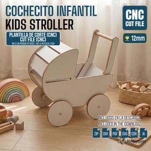 May include: A wooden toy stroller in white with natural wood detailing. The stroller features four wheels and a handle. The image includes text that says "KIDS STROLLER" and "CUT FILE".