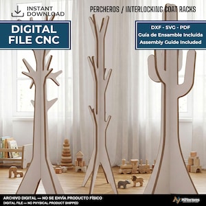 May include: Digital file for CNC machines featuring interlocking coat racks in tree and cactus shapes. Includes DXF, SVG, and PDF formats with an assembly guide. The designs are white with brown edges, intended for creating physical furniture pieces.