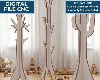 May include: Digital file for CNC machines featuring interlocking coat racks in tree and cactus shapes. Includes DXF, SVG, and PDF formats with an assembly guide. The designs are white with brown edges, intended for creating physical furniture pieces.