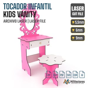 May include: A pink and white laser cut vanity set with a mirror and matching stool. The vanity features a drawer and ornate frame. Text includes TOCADOR INFANTIL, KIDS VANITY, LASER CUT FILE, and material thicknesses of 5.5mm, 6mm, and 9mm.
