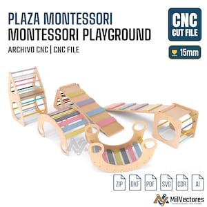 Pu&ograve; includere: Un set di file digitali per un parco giochi Montessori in legno, che include arco, rampa e cubo. L'immagine mostra il testo PLAZA MONTESSORI MONTESSORI PLAYGROUND, CNC CUT FILE e 15mm. Formati di file: ZIP, DXF, PDF, SVG, CDR e AI.