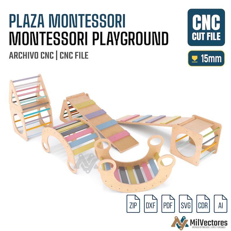 Pu&ograve; includere: Un set di file digitali per un parco giochi Montessori in legno, che include arco, rampa e cubo. L'immagine mostra il testo PLAZA MONTESSORI MONTESSORI PLAYGROUND, CNC CUT FILE e 15mm. Formati di file: ZIP, DXF, PDF, SVG, CDR e AI.