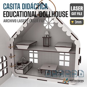 Pu&ograve; includere: Una casa delle bambole in legno tagliato al laser, bianca e marrone, con porta a cerniera, due livelli, una zona cucina, un tavolo con due sgabelli e due letti. Il testo CASITA DID&Aacute;CTICA EDUCATIONAL DOLLHOUSE e 3mm &egrave; visibile sul design.