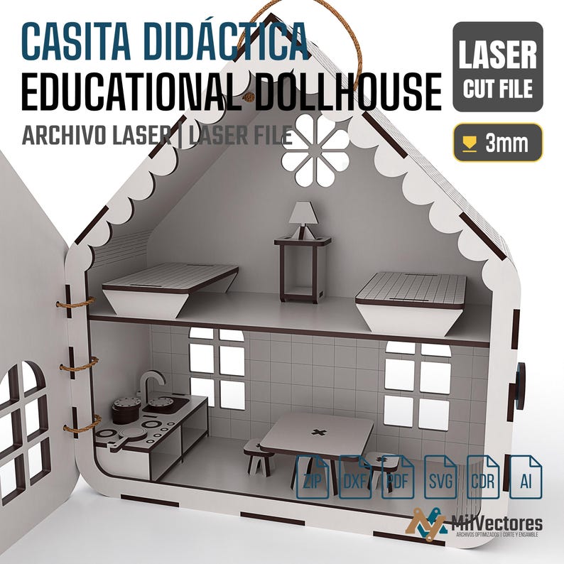 Pu&ograve; includere: Una casa delle bambole in legno tagliato al laser, bianca e marrone, con porta a cerniera, due livelli, una zona cucina, un tavolo con due sgabelli e due letti. Il testo CASITA DID&Aacute;CTICA EDUCATIONAL DOLLHOUSE e 3mm &egrave; visibile sul design.