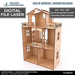 Puede incluir: Un archivo digital de casa de muñecas de madera de tres pisos con paneles cortados a láser, recortes en forma de corazón, ventanas arqueadas y balcones. El texto dice: INSTANT DOWNLOAD, DIGITAL FILE LASER, CASA DE MUÑECAS / WOODEN DOLLHOUSE, DXF - SVG - PDF, Guía de Ensamble Incluída, Assembly Guide Included, ARCHIVO DIGITAL - NO SE ENVÍA PRODUCTO FÍSICO, DIGITAL FILE - NO PHYSICAL PRODUCT SHIPPED.