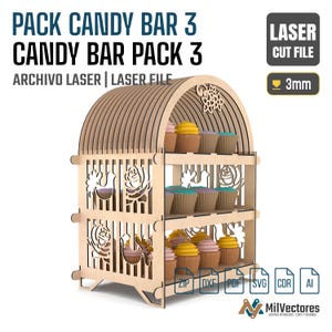 May include: A three-tiered wooden display stand with an arched top, featuring laser-cut floral and bird patterns on the side panels. The stand holds various colorful cupcakes on each shelf. Text includes PACK CANDY BAR 3, LASER CUT FILE, and 3mm.