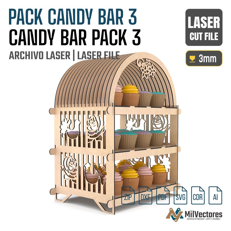 May include: A three-tiered wooden display stand with an arched top, featuring laser-cut floral and bird patterns on the side panels. The stand holds various colorful cupcakes on each shelf. Text includes PACK CANDY BAR 3, LASER CUT FILE, and 3mm.