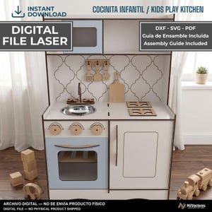 May include: A digital file for a laser-cut wooden play kitchen featuring a light blue oven door, three circular knobs, a silver-colored sink, two stovetop burners, a cutting board, and hanging utensils against a white tile-patterned backsplash.