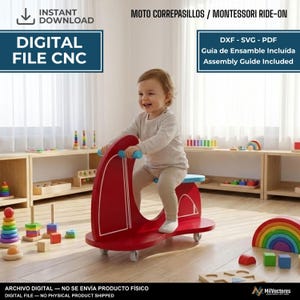 Puede incluir: Un juguete correpasillos de madera roja con detalles de líneas blancas y cuatro ruedas pequeñas. El archivo digital incluye formatos DXF, SVG y PDF con guía de ensamblaje. El texto dice: INSTANT DOWNLOAD, DIGITAL FILE CNC, MOTO CORREPASILLOS / MONTESSORI RIDE-ON.